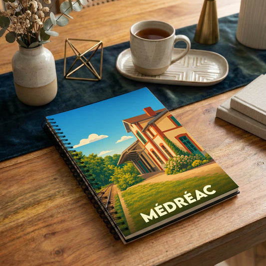 Carnet à spirales souvenir de la ville de Médréac avec une illustration stylisée de son ancienne gare.