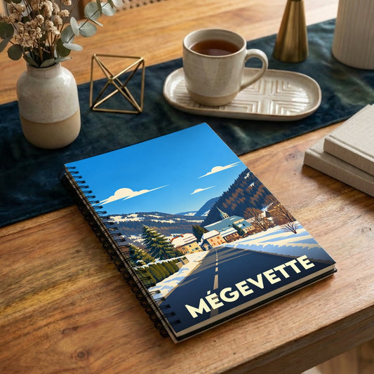 Carnet souvenir de la ville de Mégevette avec une illustration hivernale stylisée.
