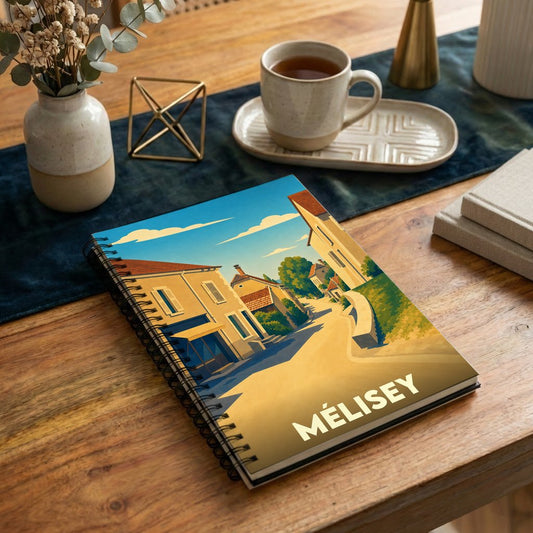 Carnet à spirales souvenir de la ville de Mélisey avec une illustration stylisée.