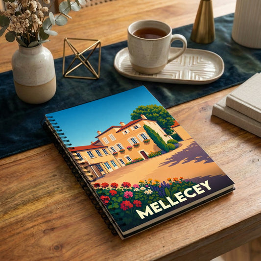 Carnet à spirales souvenir de la ville de Mellecey avec une illustration stylisée d'une demeure bourguignonne fleurie.