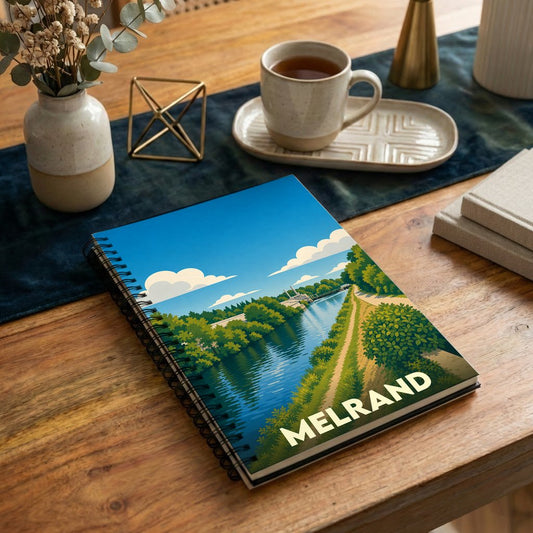 Carnet souvenir de la ville de Melrand avec une illustration stylisée de sa rivière.