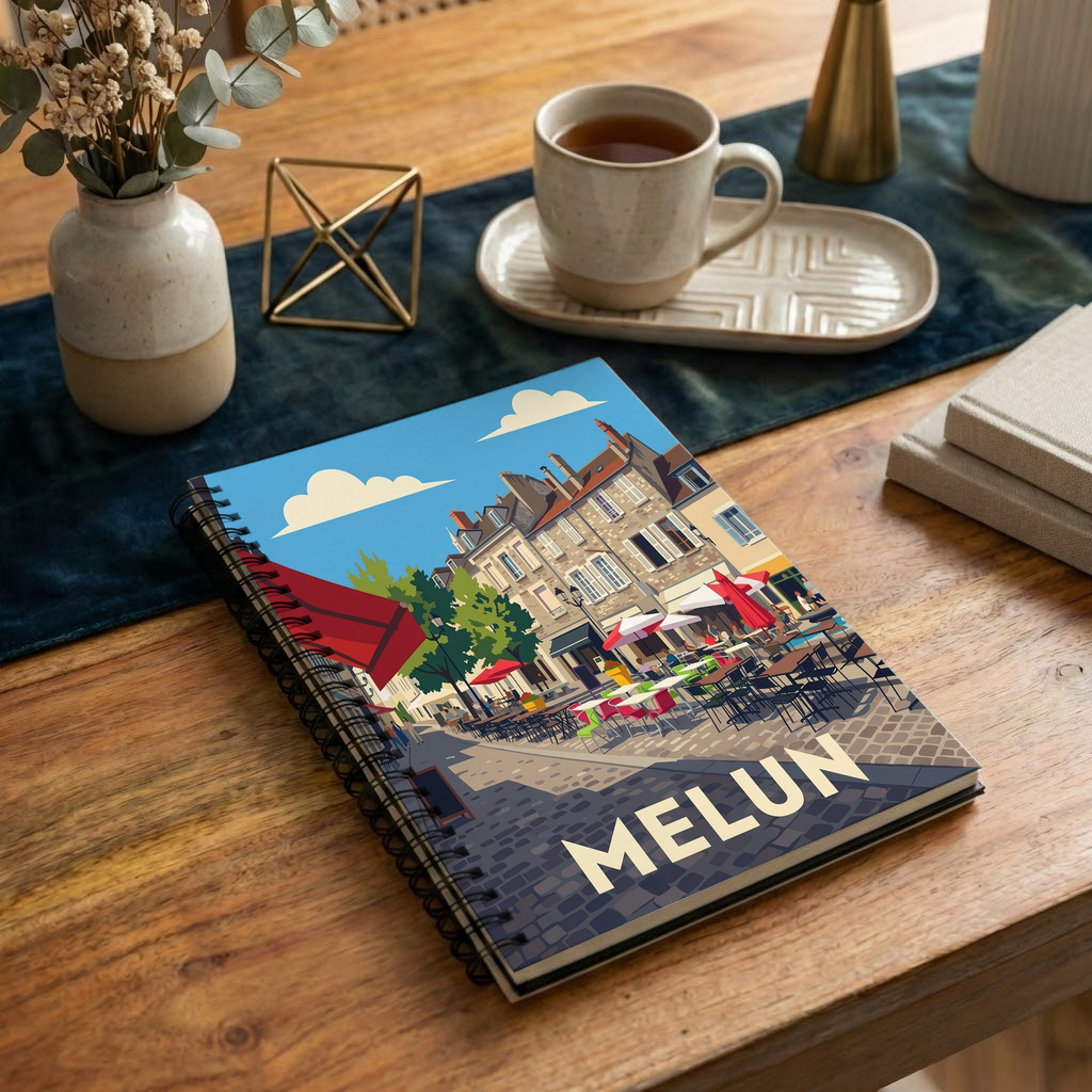 Carnet souvenir de la ville de Melun avec une illustration stylisée d'une scène de rue.