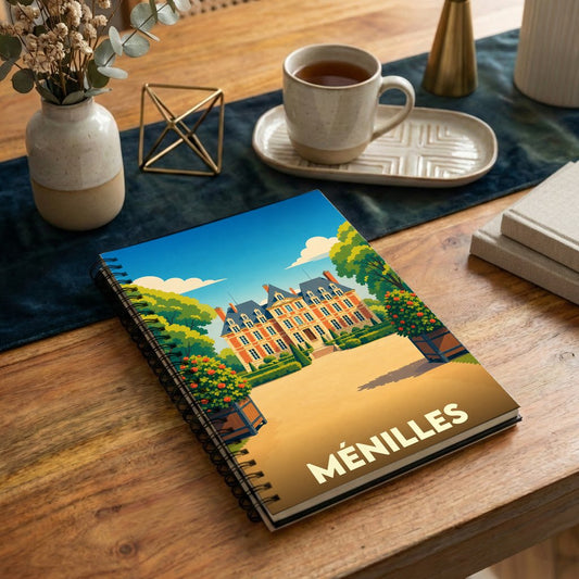 Carnet souvenir de la ville de Ménilles avec une illustration stylisée de son château.