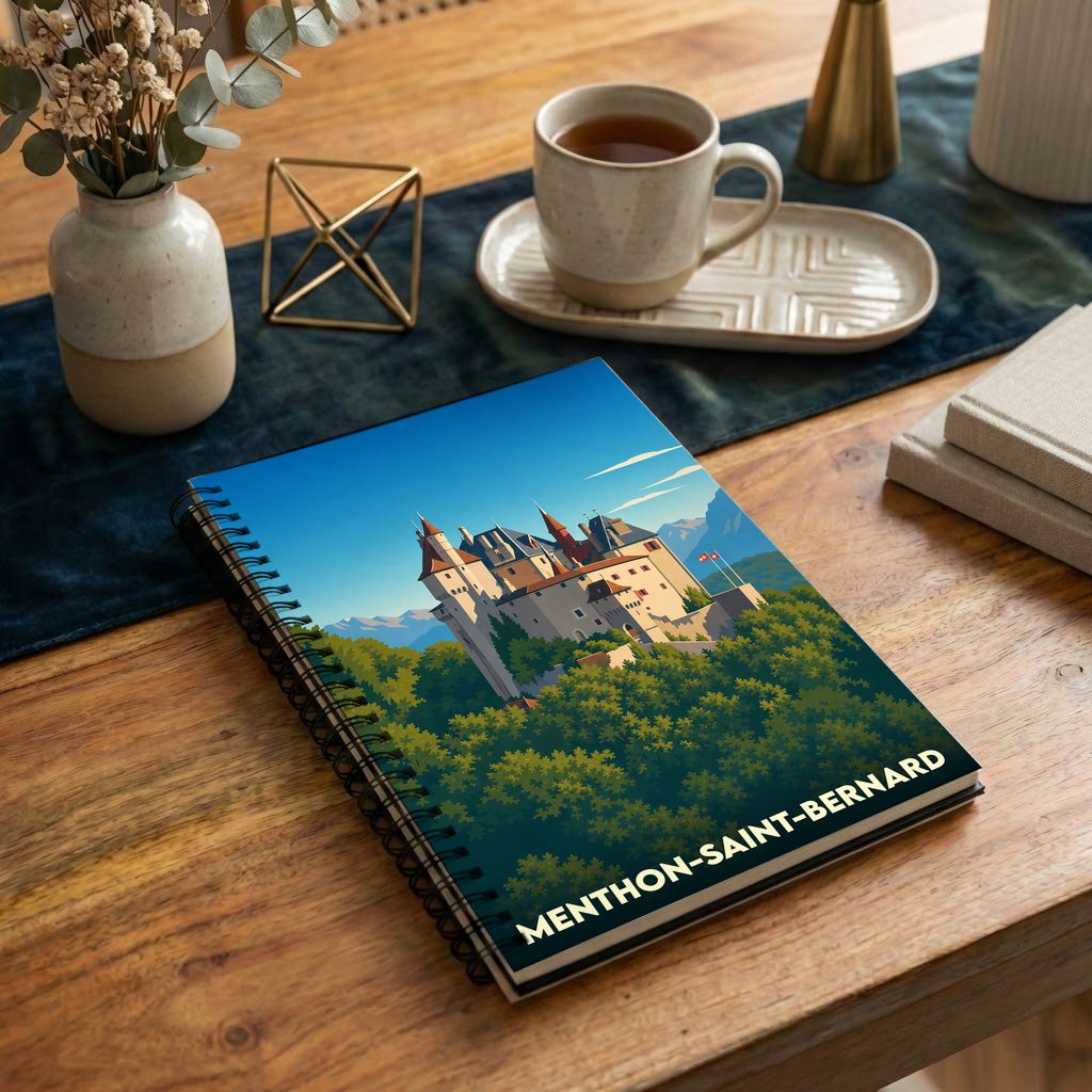 Carnet à spirales souvenir de la ville de Menthon-Saint-Bernard avec une illustration stylisée de son château.