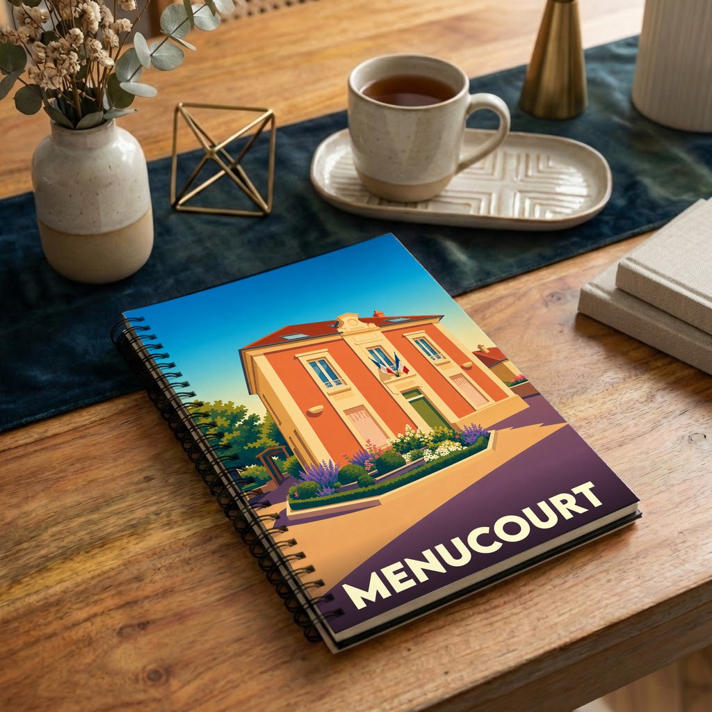 Carnet à spirales souvenir de la ville de Menucourt avec une illustration stylisée de son hôtel de ville.