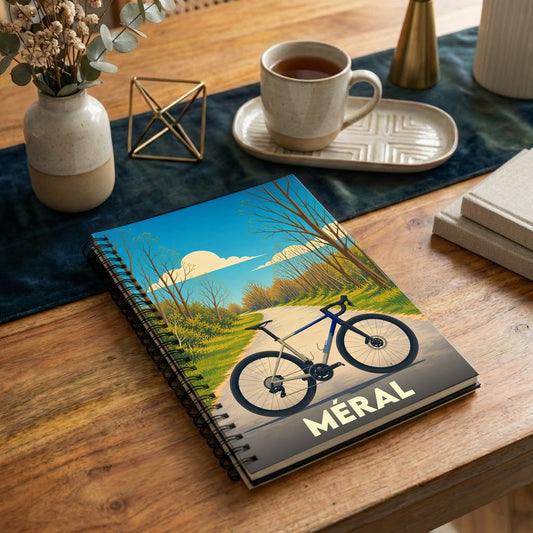 Carnet à spirales souvenir de la ville de Méral illustré d'un vélo sur une route de campagne.