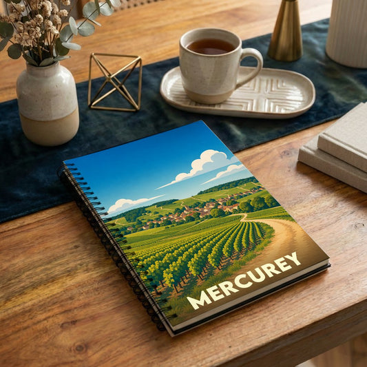 Carnet à spirales souvenir de la ville de Mercurey avec une illustration stylisée de ses vignobles.