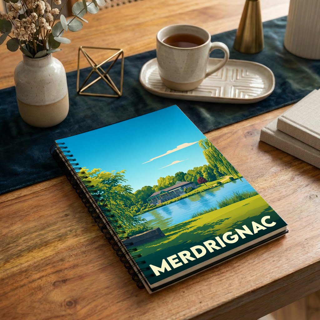 Carnet souvenir de la ville de Merdrignac avec une illustration stylisée d'un paysage lacustre.