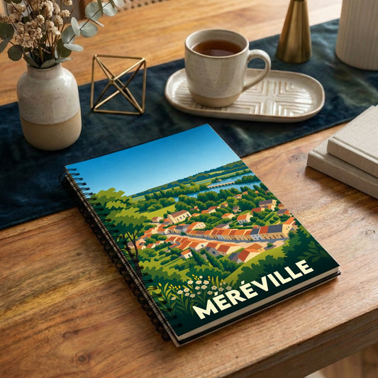 Carnet de notes souvenir de la ville de Méréville avec une illustration stylisée et colorée.