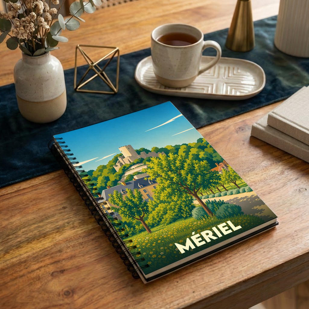 Carnet à spirales souvenir de la ville de Mériel avec une illustration stylisée de son paysage.