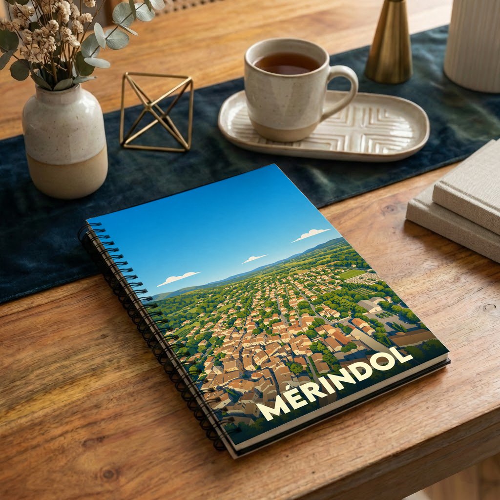 Carnet de notes souvenir de la ville de Mérindol avec une illustration aérienne stylisée.