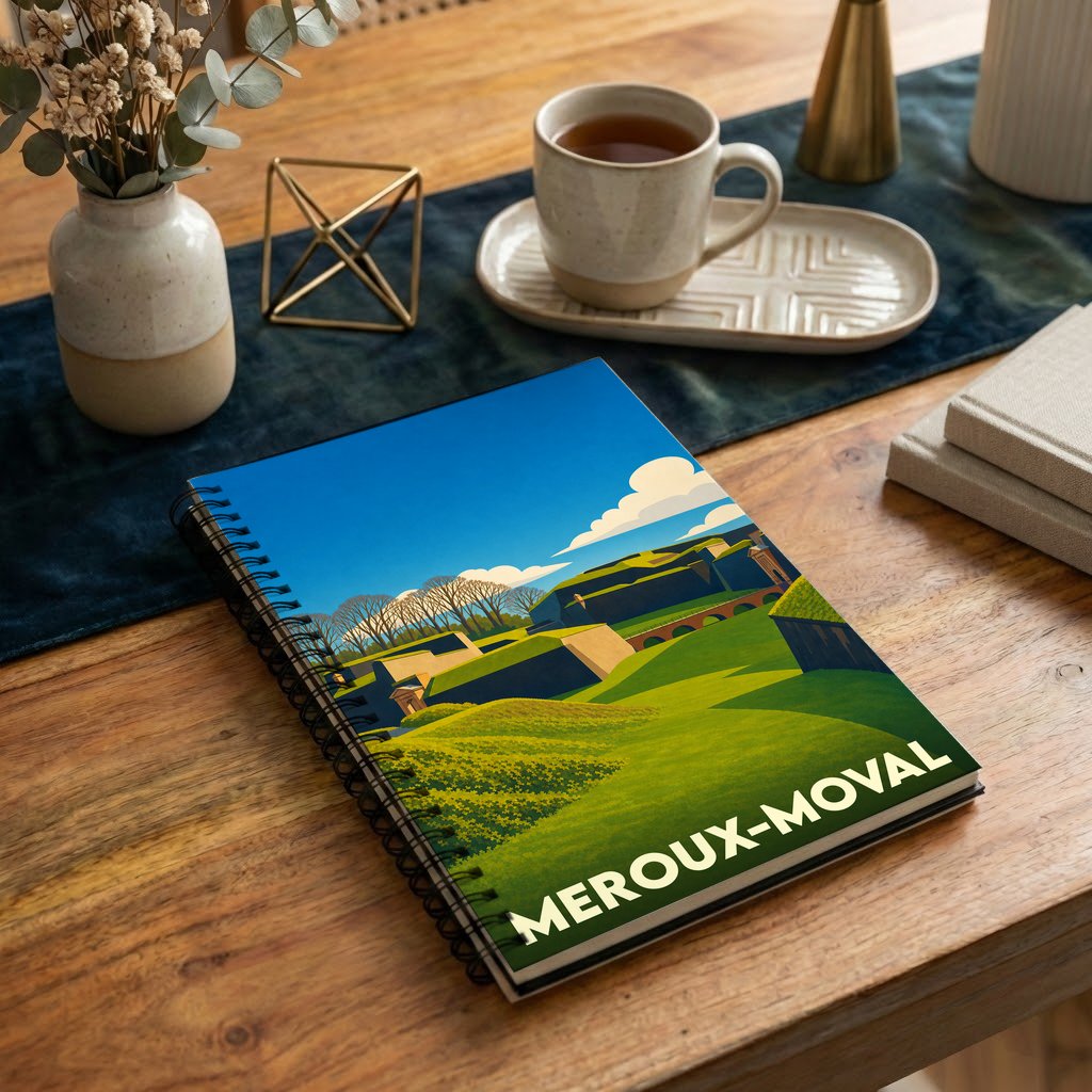 Carnet de notes souvenir de Meroux-Moval illustré d'un paysage graphique et coloré de la ville.