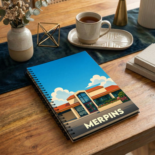 Carnet à spirales souvenir de la ville de Merpins avec une illustration stylisée d'un bâtiment sous un ciel azur.