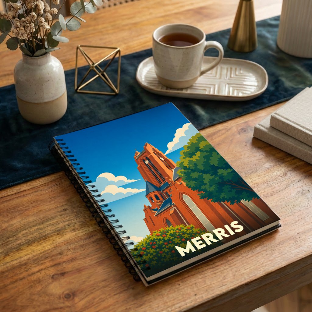 Carnet souvenir de la ville de Merris avec une illustration stylisée de son église.