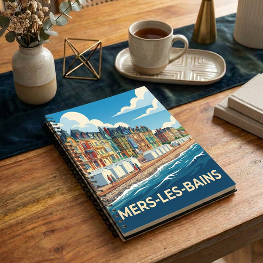 Carnet souvenir de la ville de Mers-les-Bains avec une illustration stylisée de son front de mer et de ses villas colorées.