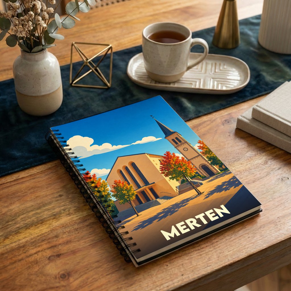 Carnet de notes à spirales souvenir de la ville de Merten avec une illustration stylisée.