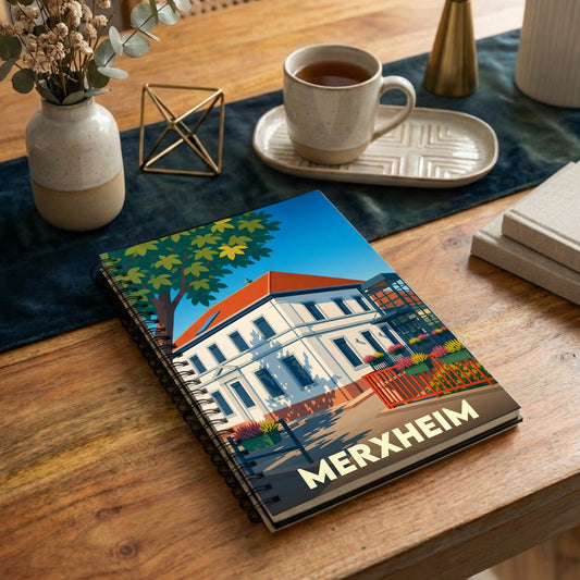 Carnet de notes souvenir de la ville de Merxheim avec une illustration stylisée et colorée.