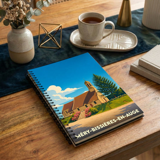 Carnet à spirales souvenir de Méry-Bissières-en-Auge avec une illustration stylisée de son église.