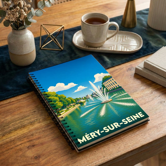 Carnet souvenir de la ville de Méry-sur-Seine avec une illustration stylisée d'un parc au bord de l'eau.