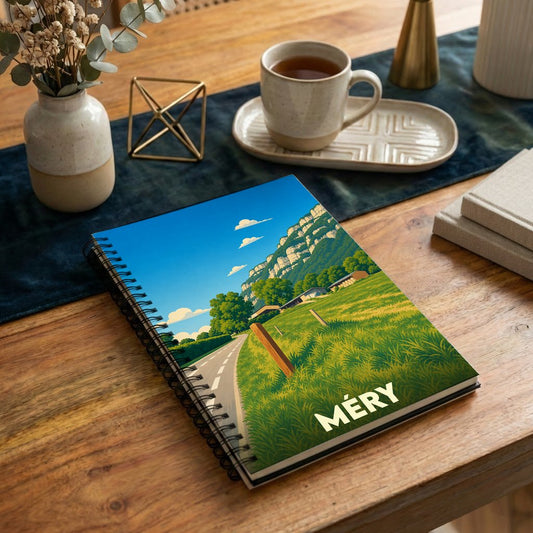 Carnet de notes souvenir de la ville de Méry avec une illustration stylisée d'un paysage de campagne.