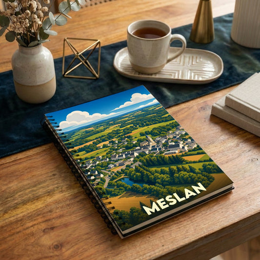 Carnet à spirales souvenir de la ville de Meslan avec une illustration paysagère stylisée.