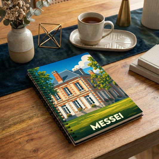 Carnet souvenir de la ville de Messei avec une illustration stylisée d'un manoir.
