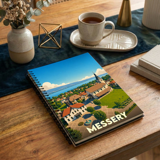 Carnet souvenir de la ville de Messery avec une illustration stylisée d'un paysage côtier.
