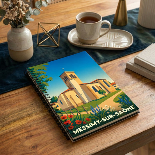 Carnet souvenir de Messimy-sur-Saône illustré d'un dessin stylisé de son église sous un ciel bleu.