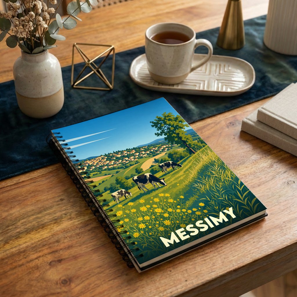 Carnet à spirales souvenir de la ville de Messimy avec une illustration champêtre stylisée.
