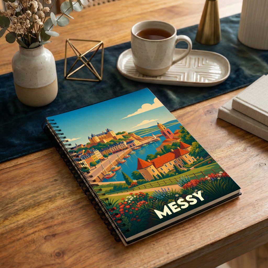 Carnet souvenir de la ville de Messy avec une illustration stylisée de son port et ses bâtiments colorés.