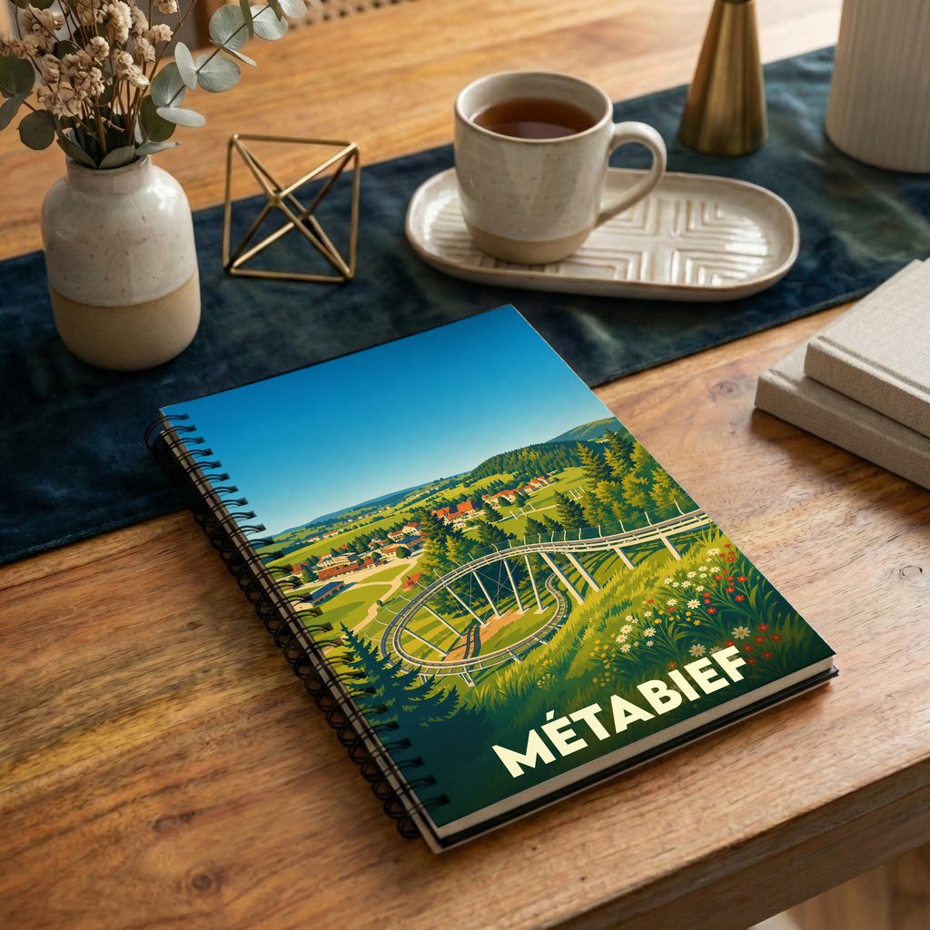 Carnet souvenir de la ville de Métabief avec une illustration stylisée d'un paysage de montagne.