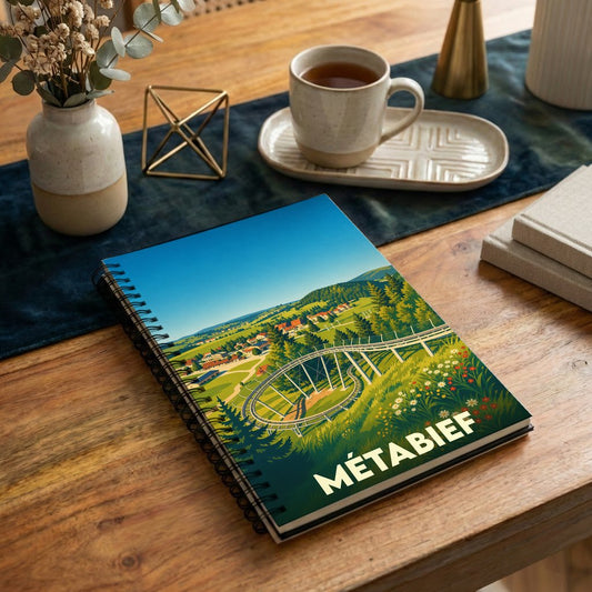 Carnet souvenir de la ville de Métabief avec une illustration stylisée d'un paysage de montagne.
