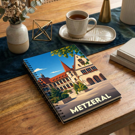 Carnet souvenir de la ville de Metzeral avec une illustration stylisée de son architecture traditionnelle.