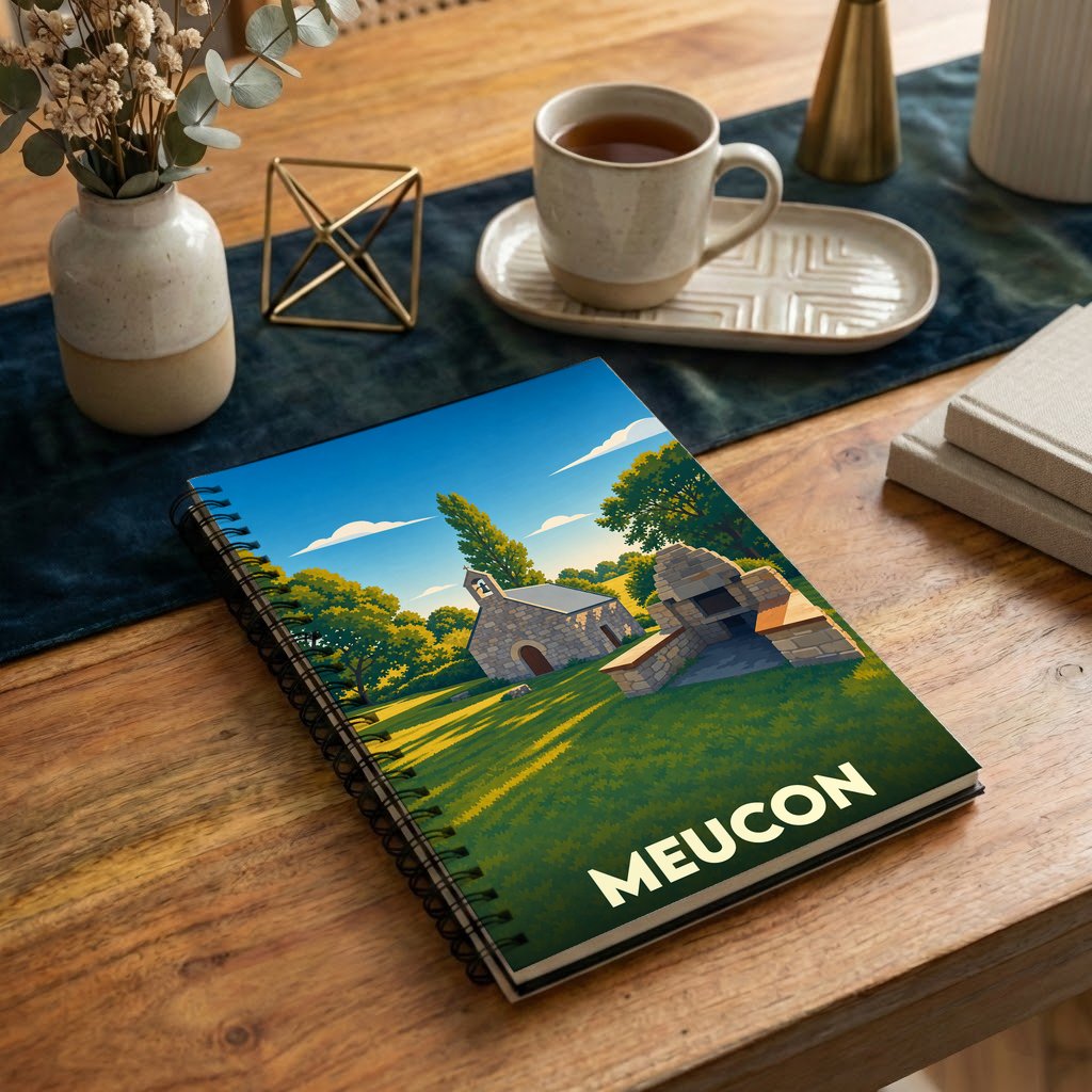 Carnet à spirales souvenir de la ville de Meucon avec une illustration stylisée de sa chapelle champêtre.