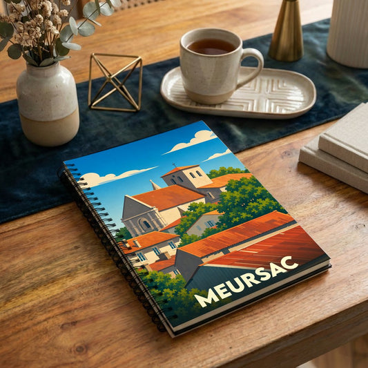 Carnet de notes souvenir de la ville de Meursac avec une illustration stylisée de ses toits et de son église.