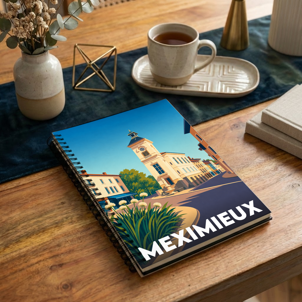 Carnet à spirale souvenir de la ville de Meximieux avec une illustration stylisée de son architecture.