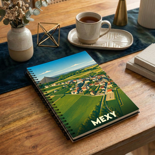 Carnet à spirales souvenir de la ville de Mexy avec une illustration stylisée d'un paysage aérien.