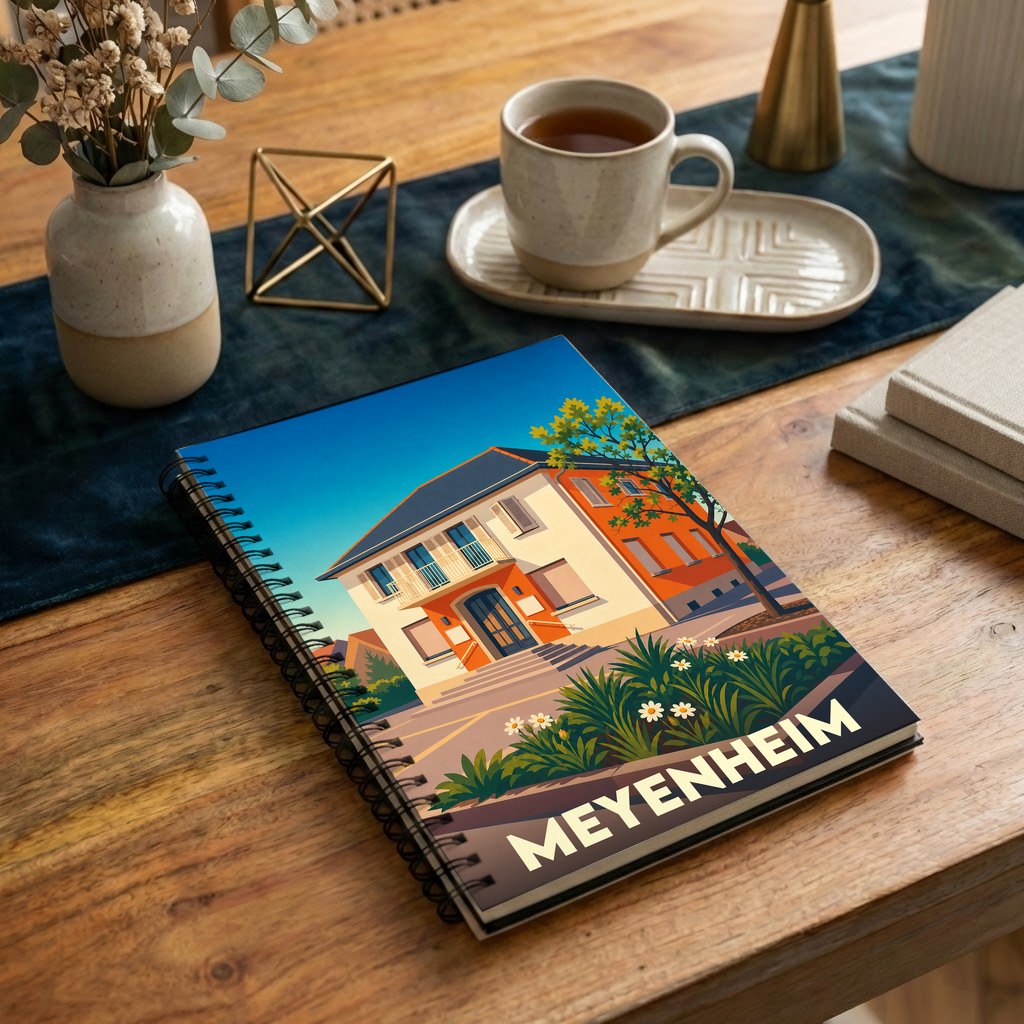 Carnet à spirales souvenir de la ville de Meyenheim avec une illustration stylisée et colorée.
