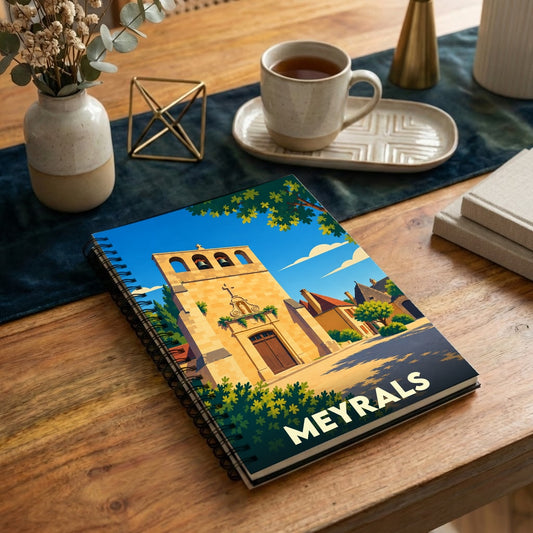 Carnet à spirales souvenir de la ville de Meyrals avec une illustration stylisée d'une église sous un ciel bleu.