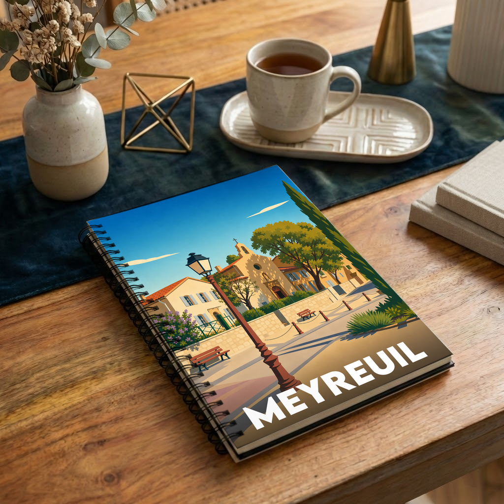 Carnet souvenir de la ville de Meyreuil avec une illustration stylisée d'une place ensoleillée.