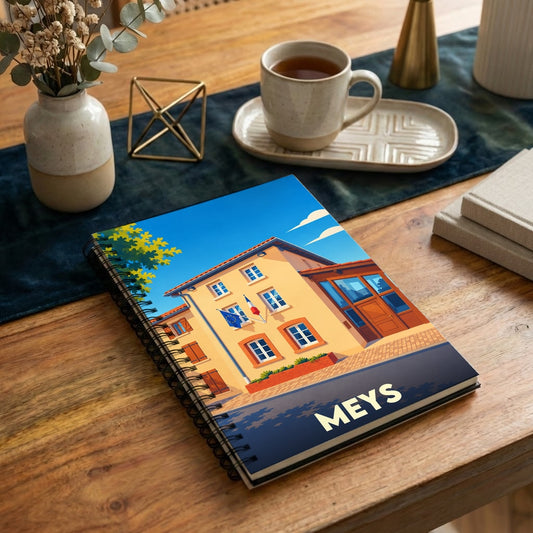 Carnet souvenir de la ville de Meys avec une illustration stylisée de sa mairie.