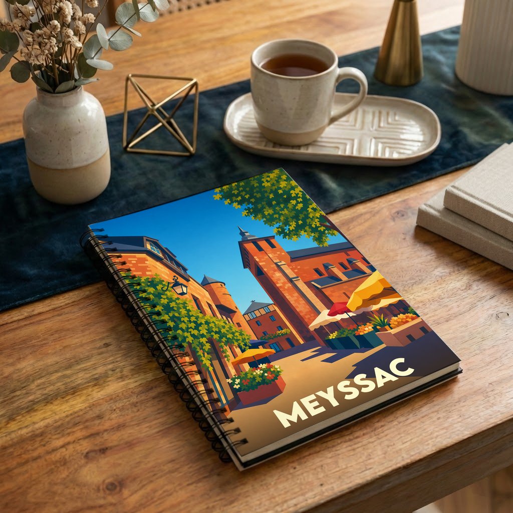 Carnet à spirales souvenir de la ville de Meyssac avec une illustration stylisée et colorée.