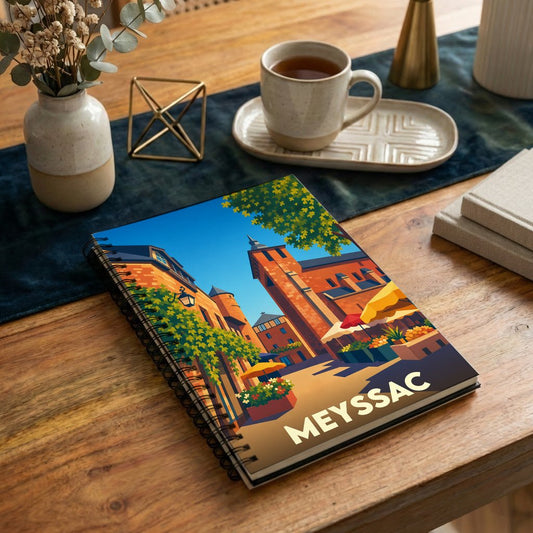 Carnet à spirales souvenir de la ville de Meyssac avec une illustration stylisée et colorée.