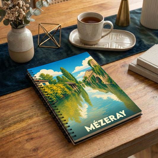 Carnet à spirales souvenir de la ville de Mézeray avec une illustration stylisée d'un paysage fluvial.
