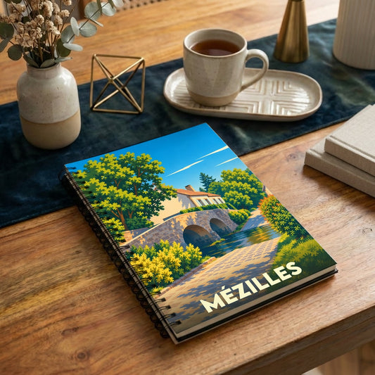 Carnet à spirale souvenir de la ville de Mézilles avec une illustration stylisée de son pont.