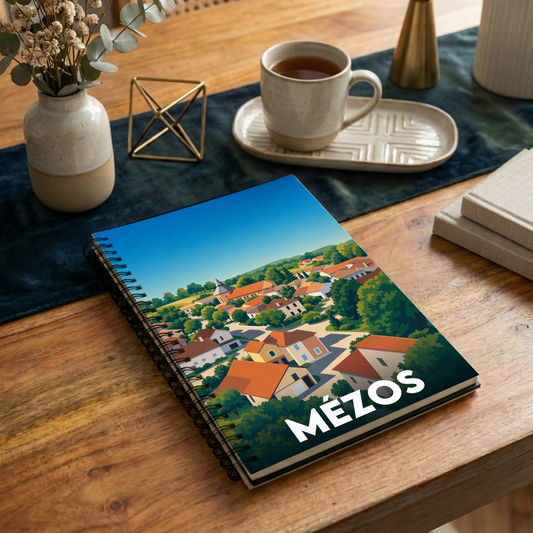 Carnet souvenir de la ville de Mézos avec une illustration stylisée de son paysage urbain.