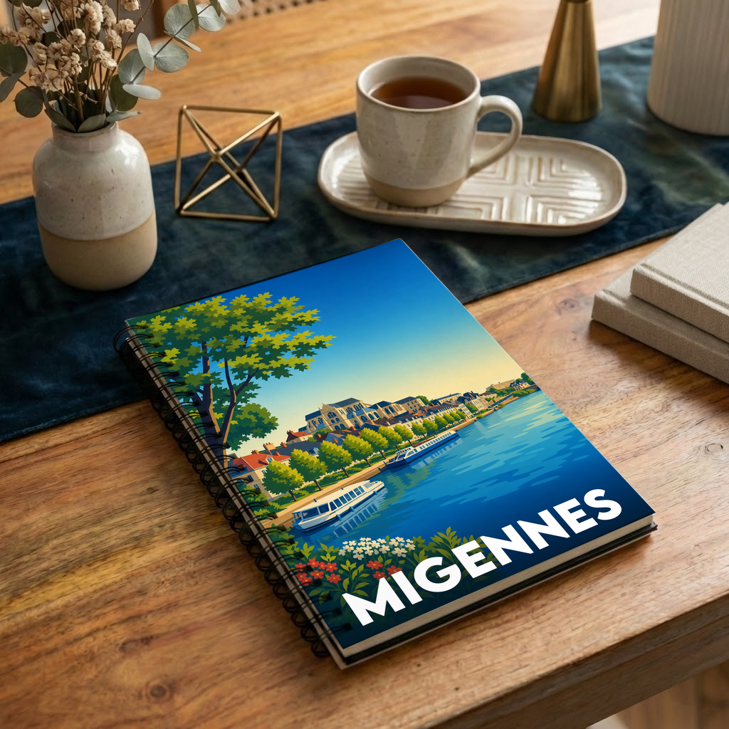 Carnet à spirales souvenir de la ville de Migennes avec une illustration stylisée des bords de l'Yonne.