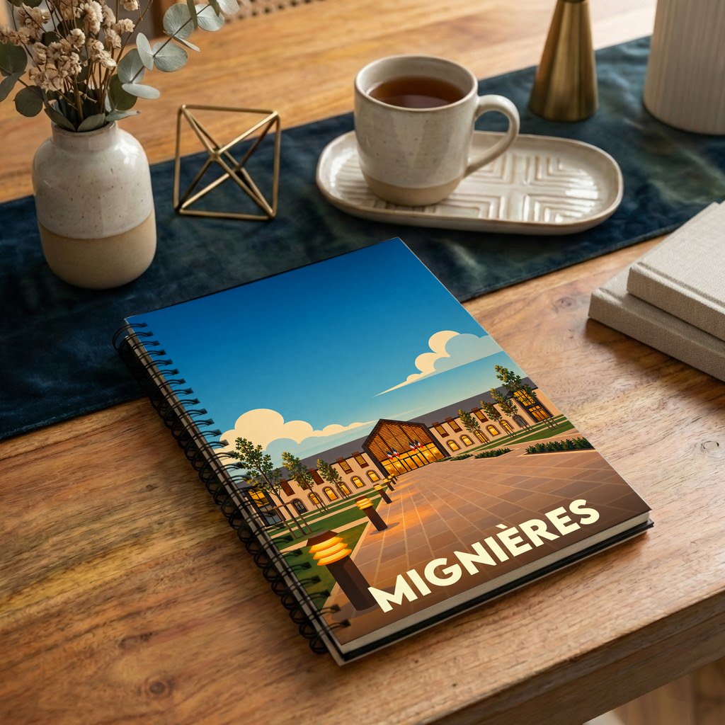 Carnet à spirales souvenir de la ville de Mignières avec une illustration stylisée de son architecture.