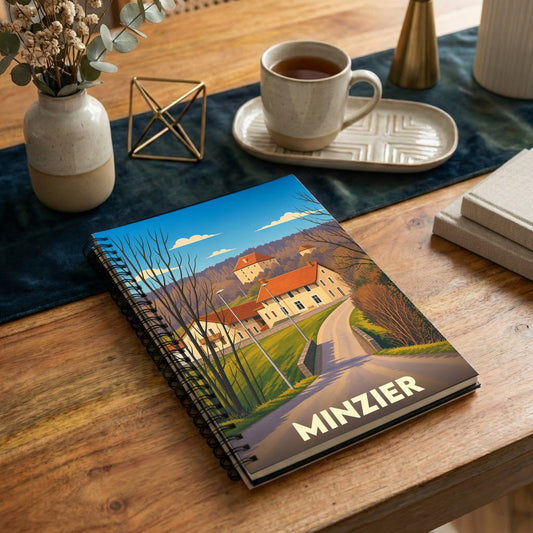 Carnet à spirales souvenir de la ville de Minzier avec une illustration de paysage stylisée.