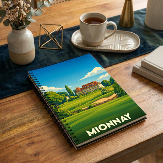 Carnet souvenir de la ville de Mionnay avec une illustration stylisée de son paysage et de son golf.